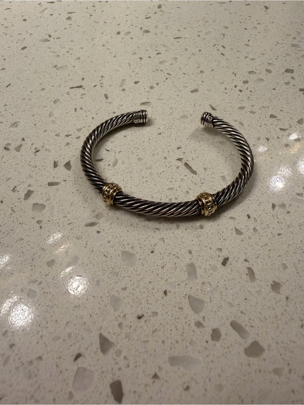David Yurman 925/585 Two-Tone Twisted Cable Open Cuff Bracelet - Silver and Gold
